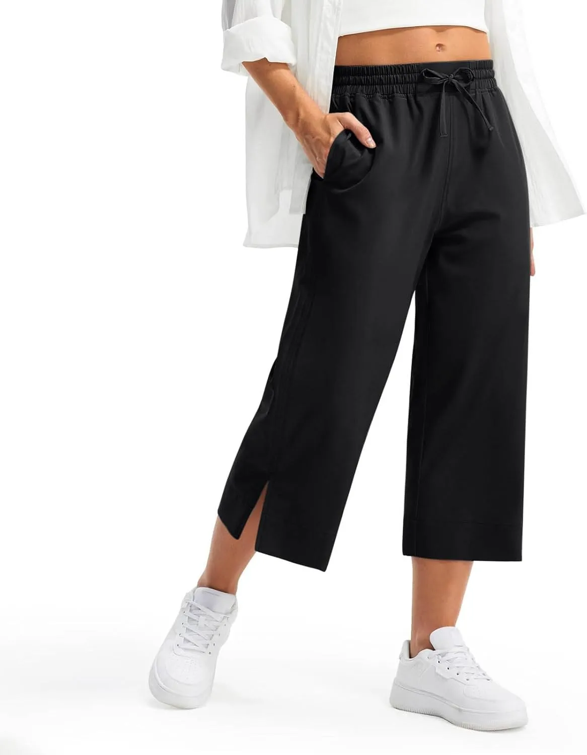 Wide Leg Capri Pants for Women Elastic High Waist Straight Leg Palazzo Trousers Summer Beach Vacation Lounge Pants