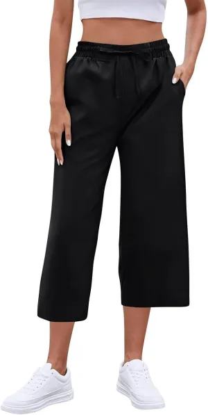 Wide Leg Capri Pants for Women Elastic High Waist Straight Leg Palazzo Trousers Summer Beach Vacation Lounge Pants