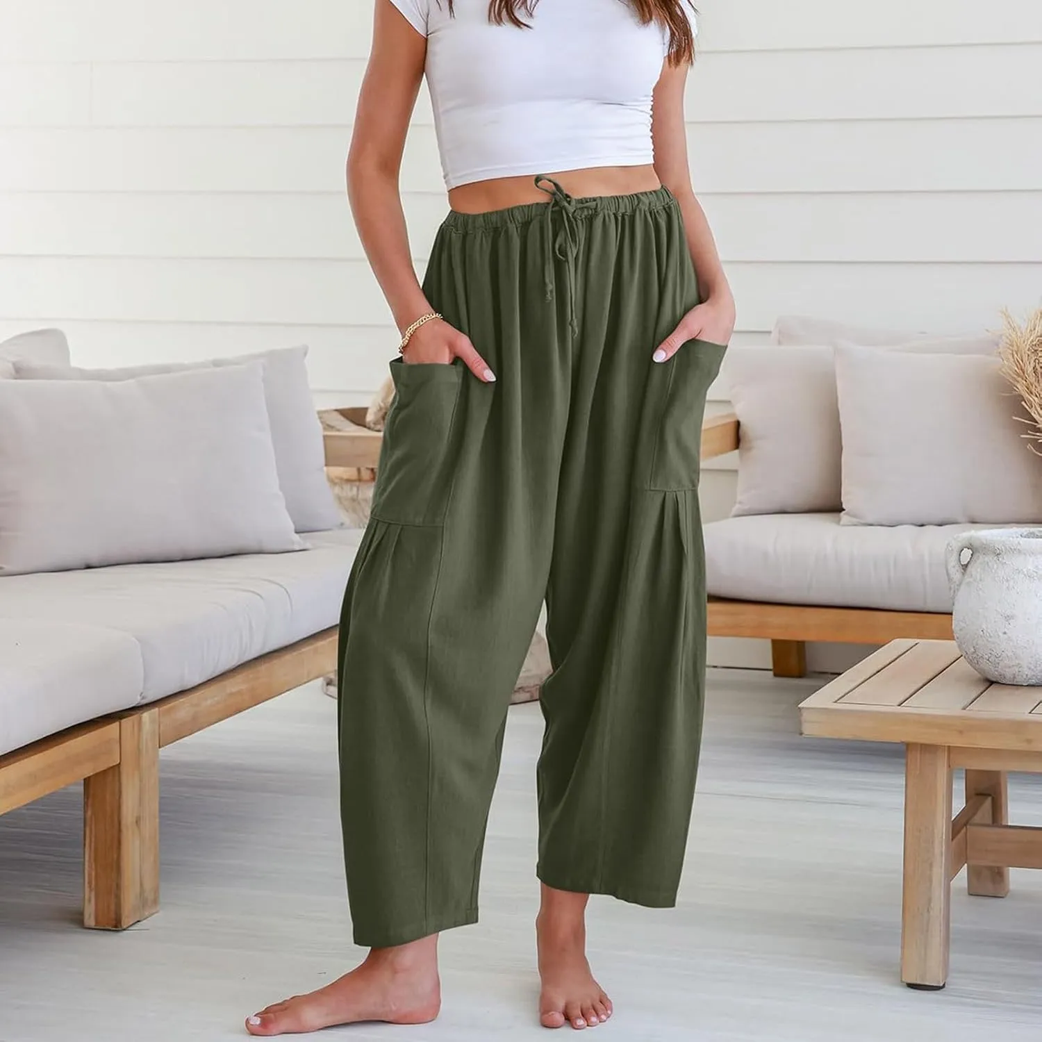 Wide Leg Capri Pants for Women Elastic Waist Casual Loose Summer Capris Beach Travel Vacation Palazzo Harem Pants