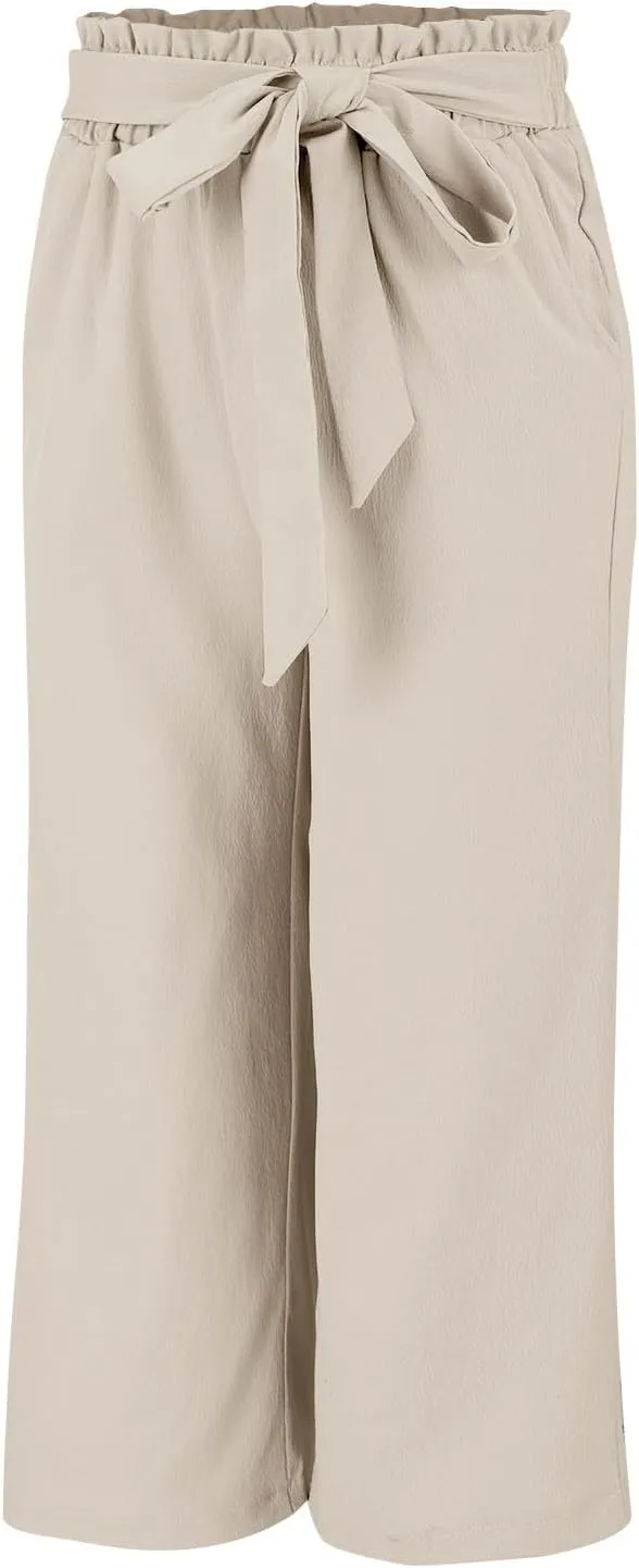 Wide Leg Capri Pants for Women High Waisted Adjustable Bow Tie Palazzo Pants Dressy Casual Flowy Capris with Pockets