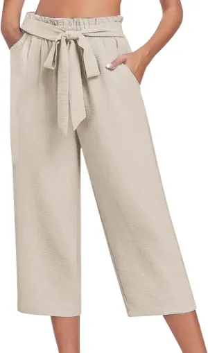 Wide Leg Capri Pants for Women High Waisted Adjustable Bow Tie Palazzo Pants Dressy Casual Flowy Capris with Pockets