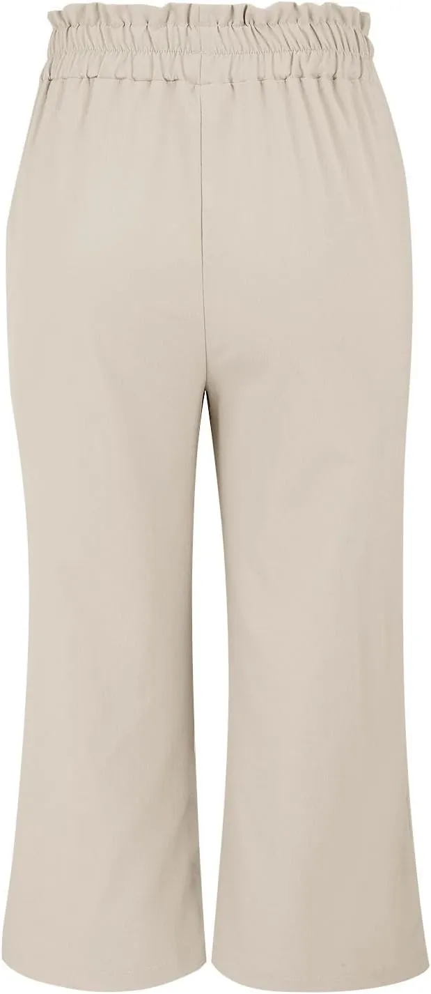 Wide Leg Capri Pants for Women High Waisted Adjustable Bow Tie Palazzo Pants Dressy Casual Flowy Capris with Pockets