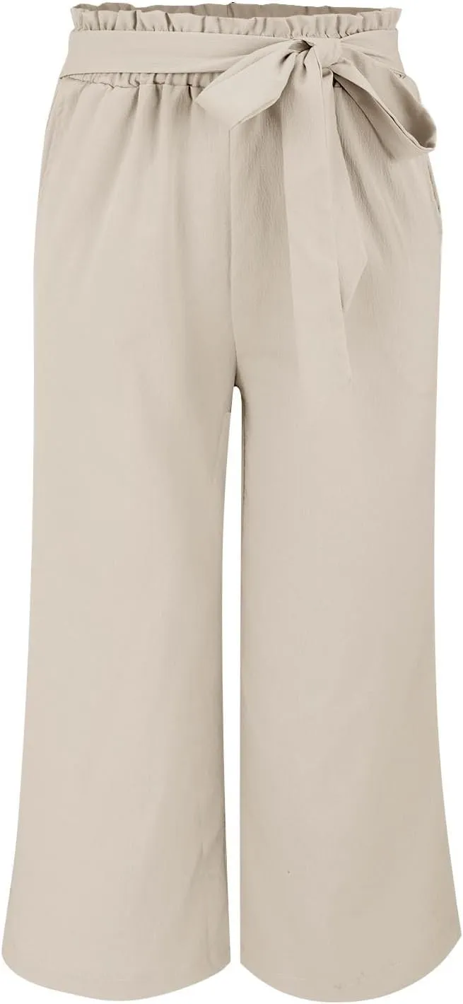 Wide Leg Capri Pants for Women High Waisted Adjustable Bow Tie Palazzo Pants Dressy Casual Flowy Capris with Pockets