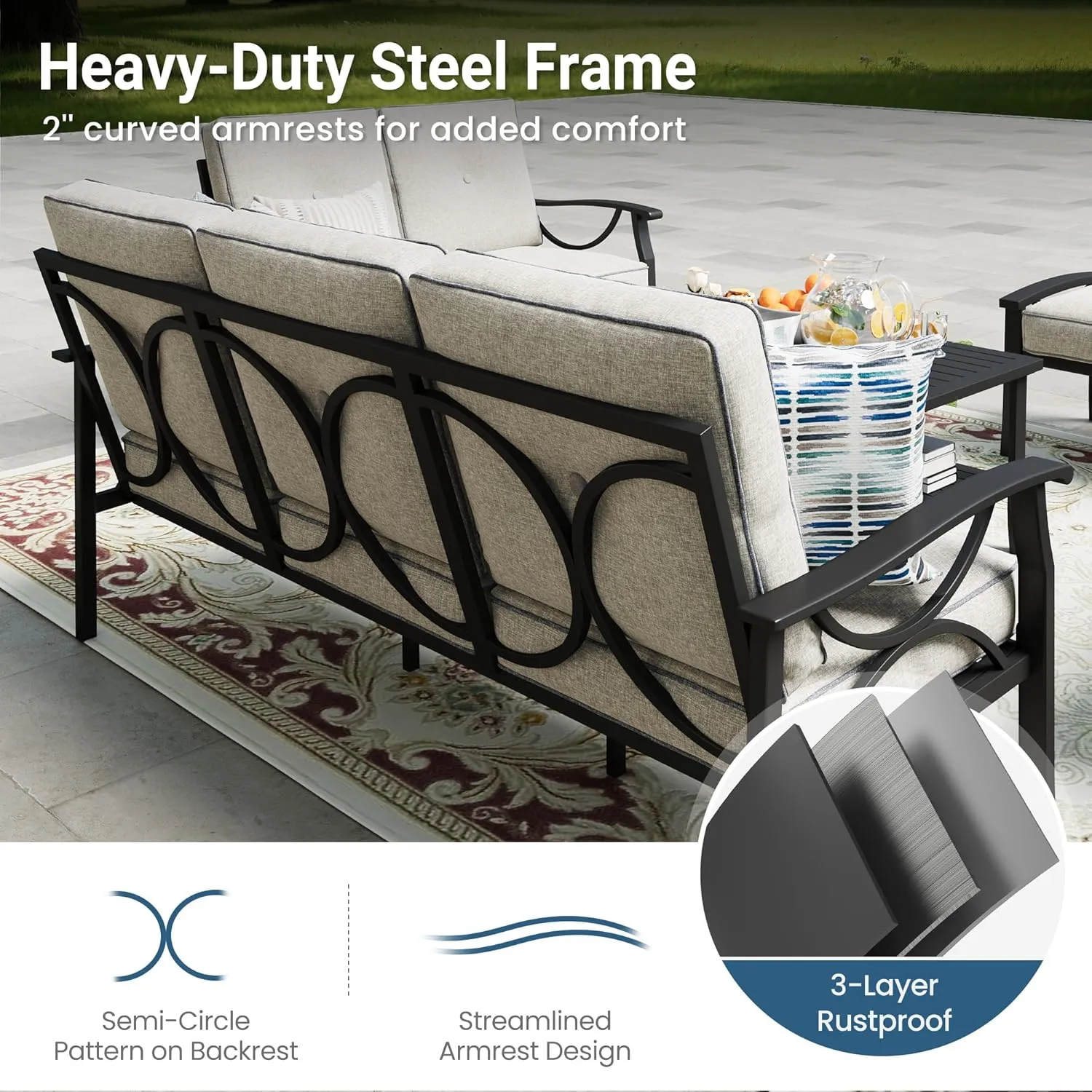 Wisteria Lane 7-Piece Outdoor Patio Furniture Set, Outdoor Metal Sectional Furniture with Cushions, Outdoor Conversation Seating Set with Coffee Table for Balcony, Garden, Deck, Backyard, Black