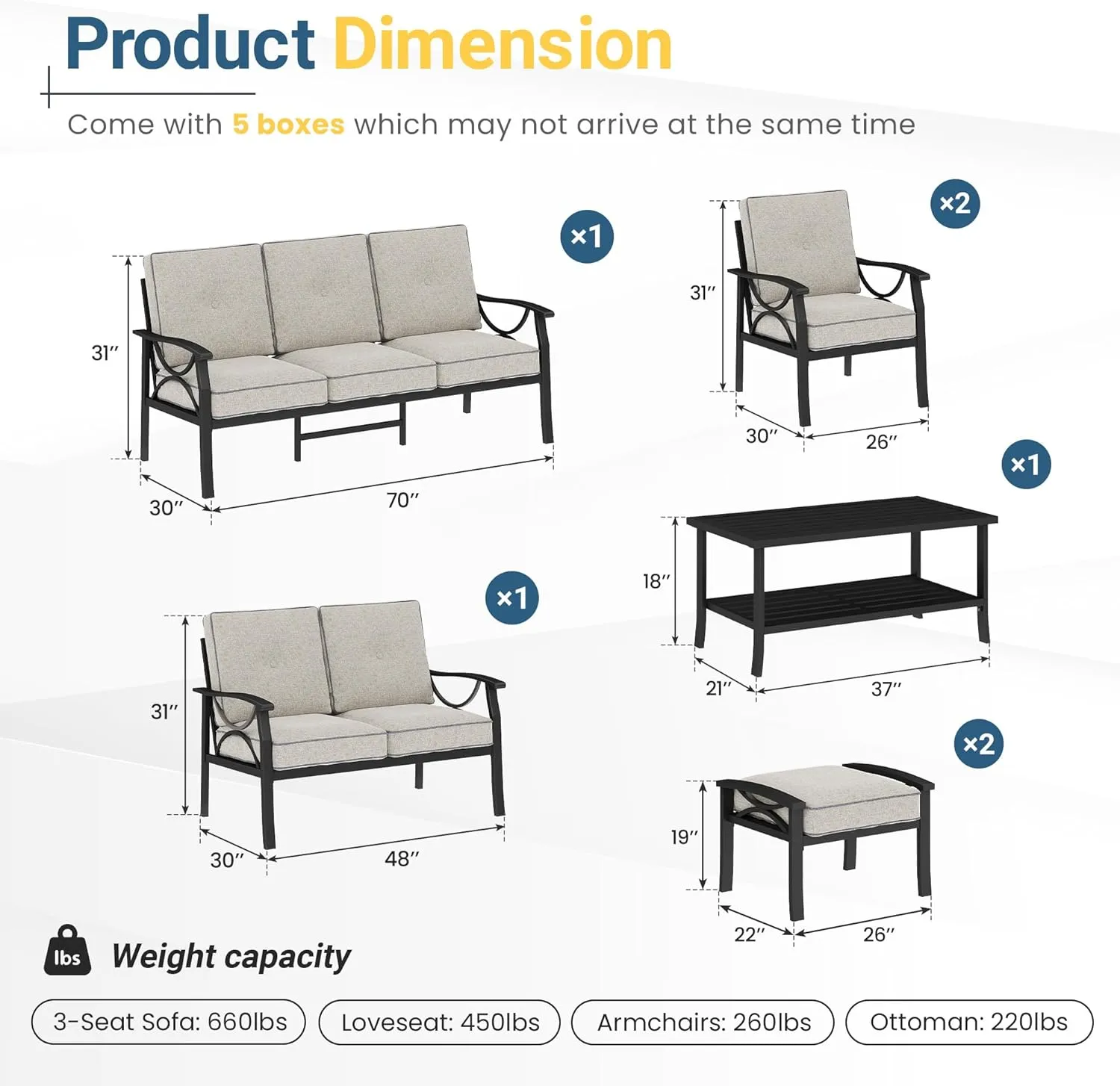 Wisteria Lane 7-Piece Outdoor Patio Furniture Set, Outdoor Metal Sectional Furniture with Cushions, Outdoor Conversation Seating Set with Coffee Table for Balcony, Garden, Deck, Backyard, Black