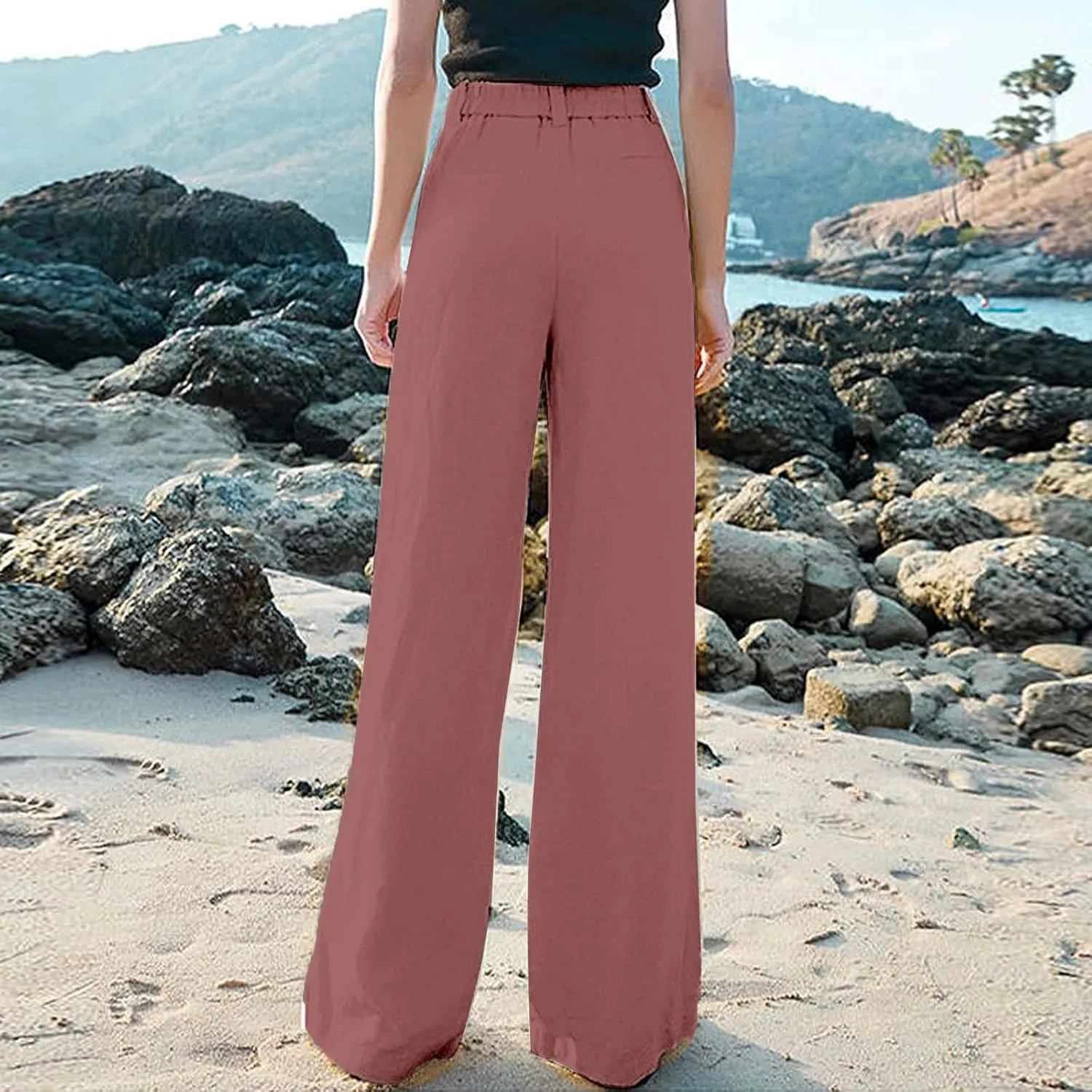 Women Pants Flowy Pants Wide Leg Palazzo for Women High Waisted Wide Leg Linen Palazzo Trousers Pull On Elastic Smock