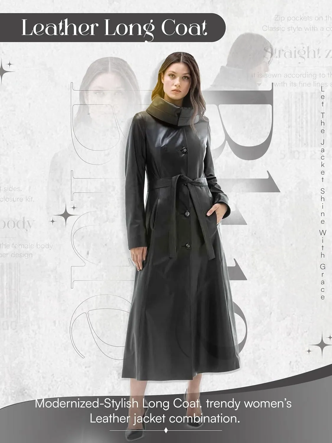 Women Real Sheepskin Leather Coat Trench Long Black Coat Trendy Cool Solid Leather Fashion Overcoat