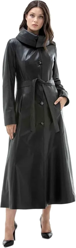 Women Real Sheepskin Leather Coat Trench Long Black Coat Trendy Cool Solid Leather Fashion Overcoat