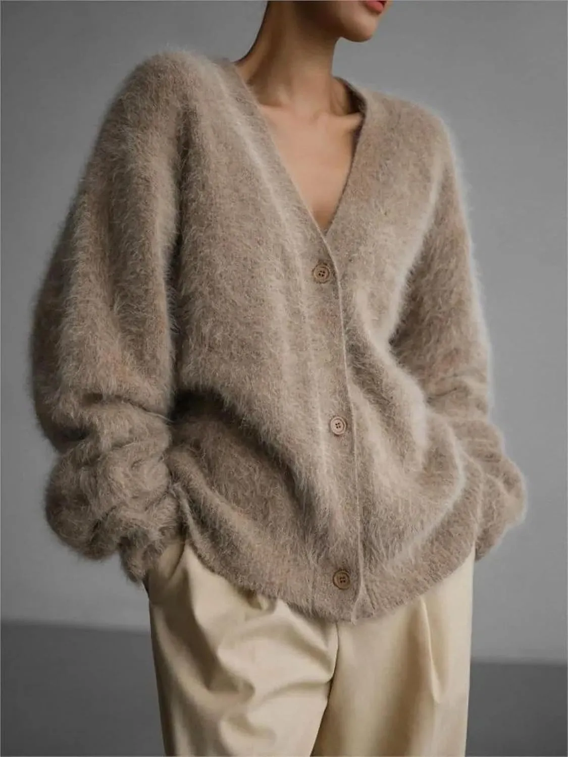 Women Winter V-Neck Mink Velvet Single-Breasted Fluffy Knitted Cardigan Sweater Slouchy Loose Soft Flexible Long-Sleeved Coat