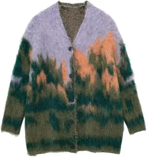 Women Winter V-Neck Mink Velvet Single-Breasted Fluffy Knitted Cardigan Sweater Slouchy Loose Soft Flexible Long-Sleeved Coat