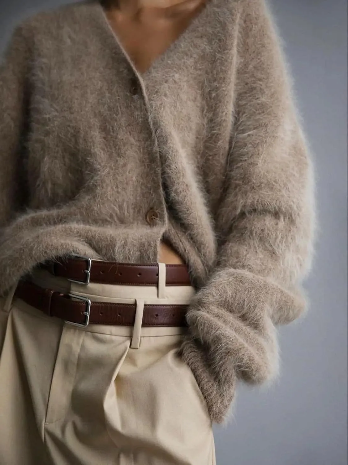 Women Winter V-Neck Mink Velvet Single-Breasted Fluffy Knitted Cardigan Sweater Slouchy Loose Soft Flexible Long-Sleeved Coat