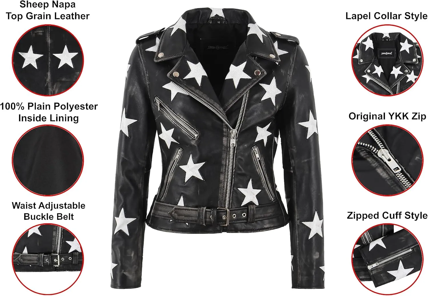 Women's Brando Star Patch Moto Leather Jacket Fitted Short Length Fashion Jacket