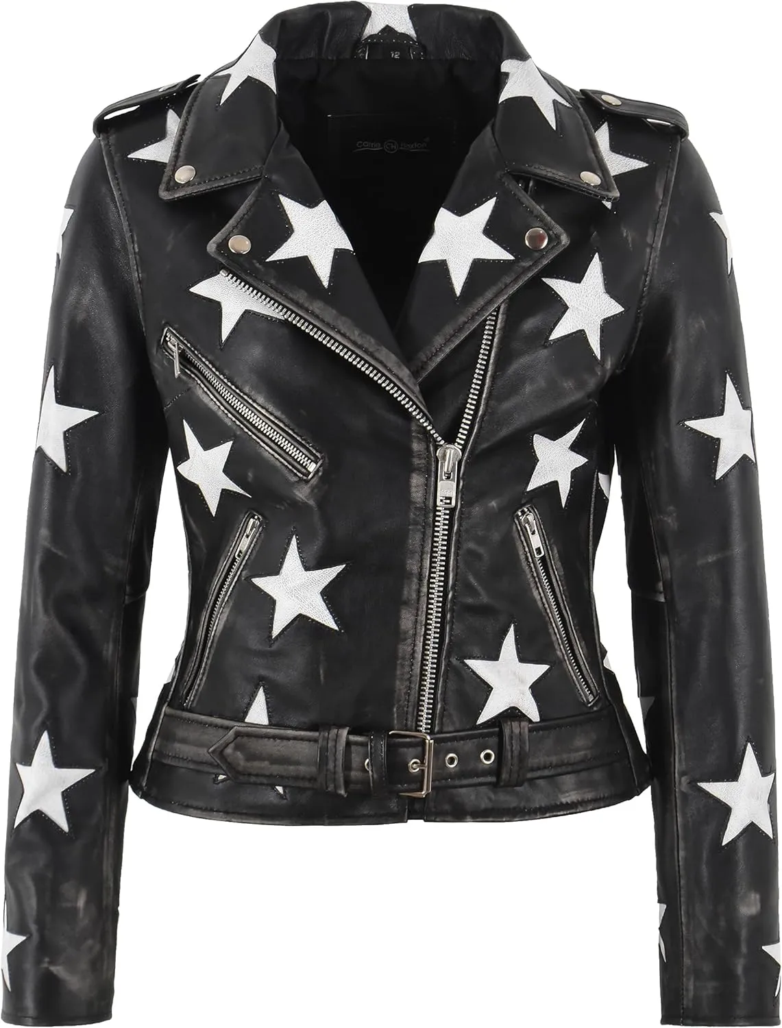 Women's Brando Star Patch Moto Leather Jacket Fitted Short Length Fashion Jacket