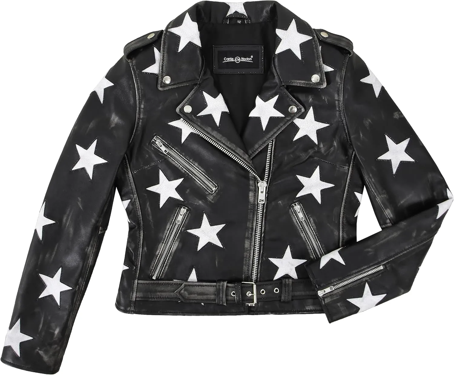 Women's Brando Star Patch Moto Leather Jacket Fitted Short Length Fashion Jacket