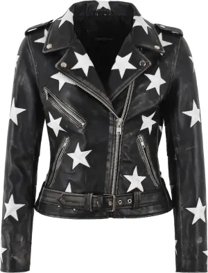 Women's Brando Star Patch Moto Leather Jacket Fitted Short Length Fashion Jacket