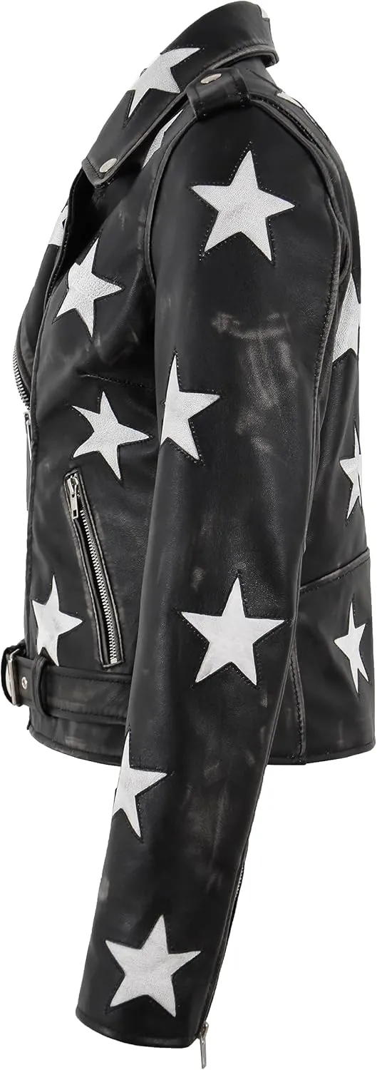 Women's Brando Star Patch Moto Leather Jacket Fitted Short Length Fashion Jacket