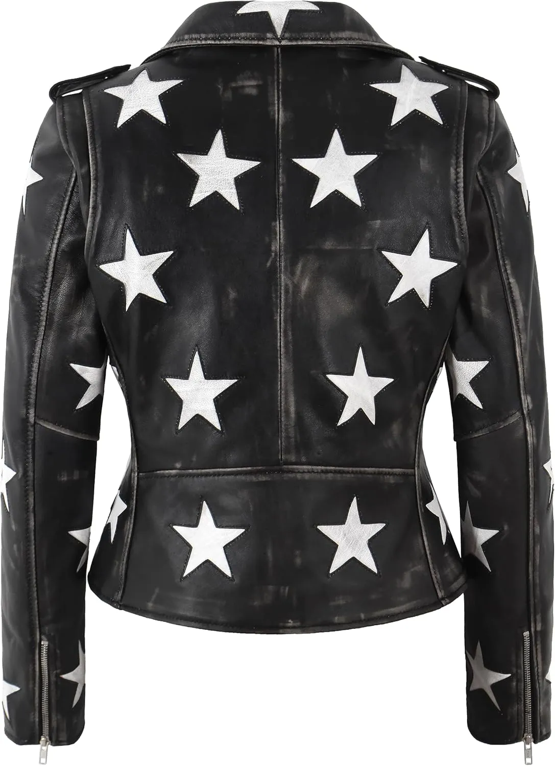Women's Brando Star Patch Moto Leather Jacket Fitted Short Length Fashion Jacket