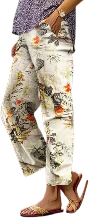 Womens Casual Boho Floral Cotton Linen Pants Elastic Waist Drawstring Summer Beach Baggy Trousers with Pockets