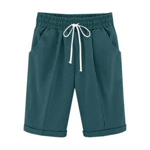 Womens Cotton Linen Bermuda Shorts Summer Lightweight Straight Leg Knee Length Beach Short Pants with Drawstring
