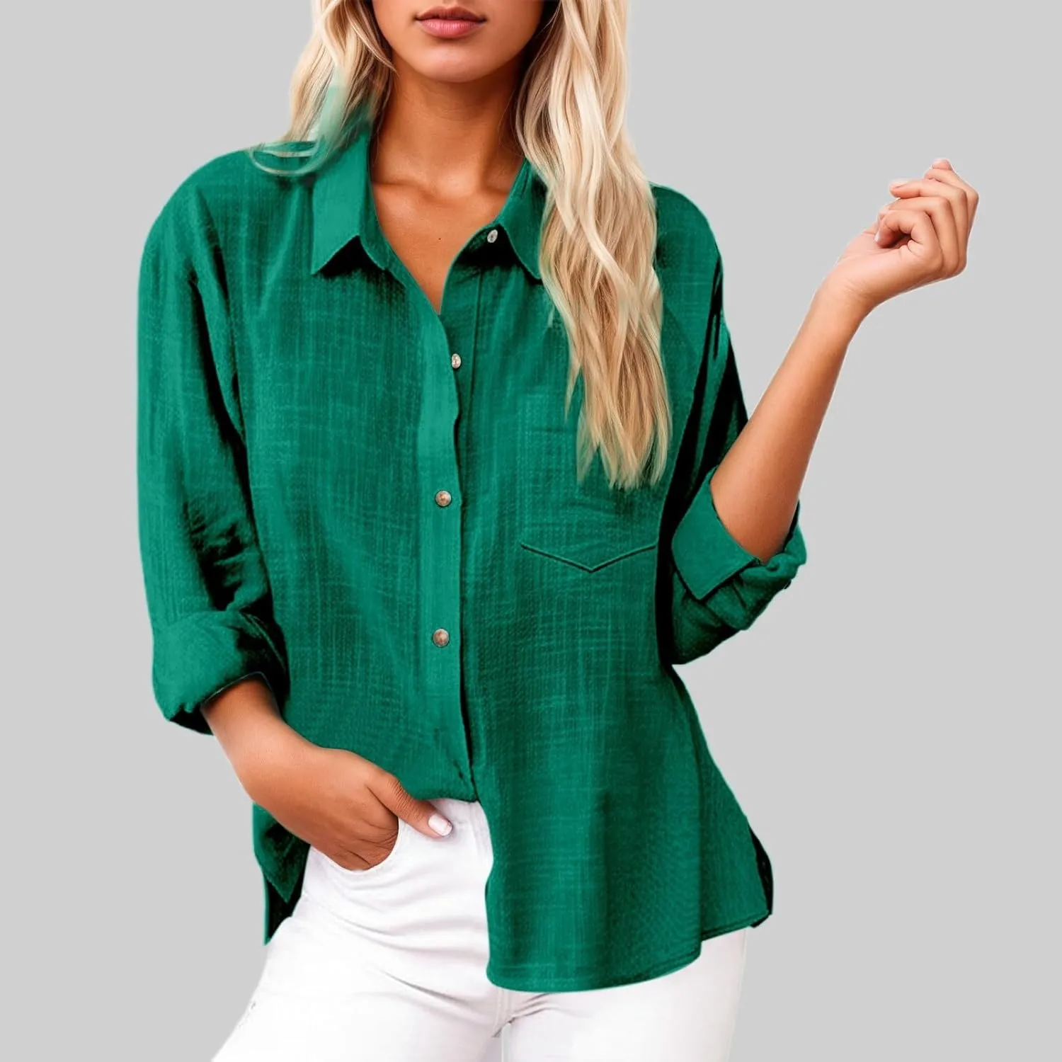 Womens Cotton Linen Button Down Shirts Long Sleeve Dress Shirts Summer Casual Tops Loose Blouses with Pocket