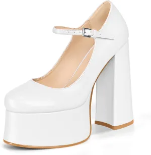 Women's Dressy Platform Chunky High Heels Patent Leather Ankle Strap Closed Toe Heeled Mary Jane Pumps Shoes
