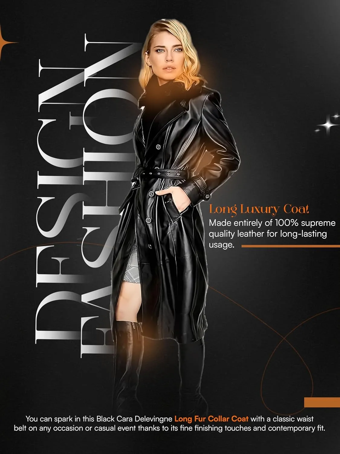 Women's Genuine Leather Coat with Faux Fur Collar, Winter Style Sleeve Furry Trim Peplum Long Coat with Belt