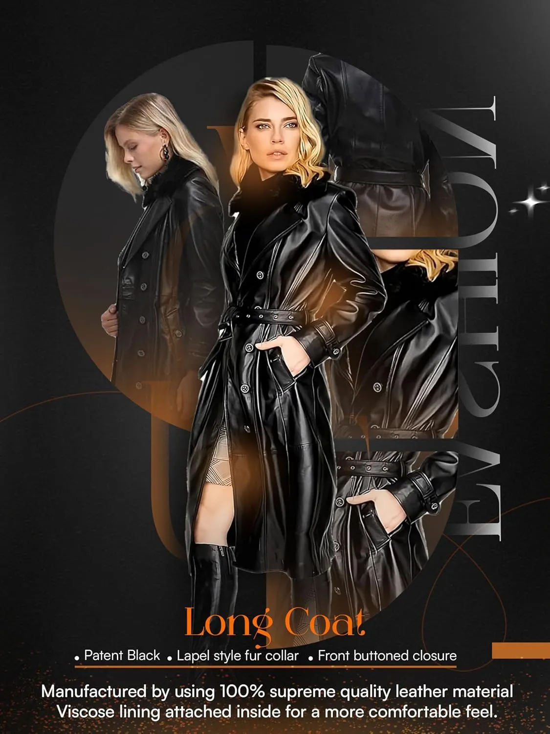 Women's Genuine Leather Coat with Faux Fur Collar, Winter Style Sleeve Furry Trim Peplum Long Coat with Belt