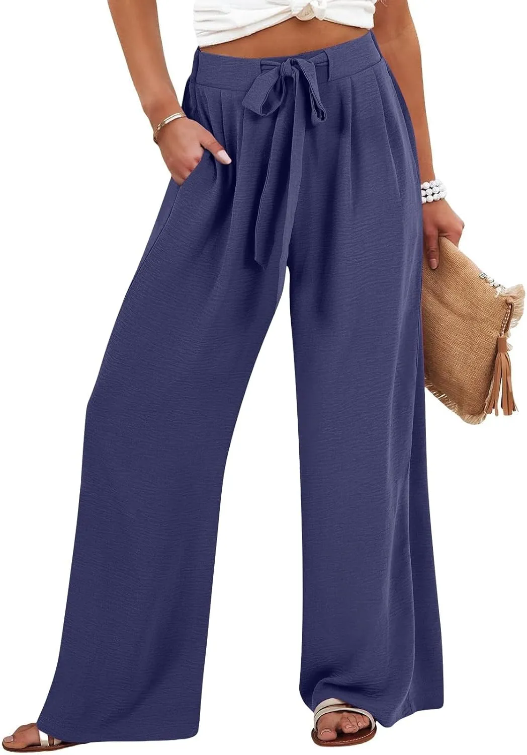 Womens High Waisted Wide Leg Drawstring Pants Office Elegant Fit Stretch Waistband Trousers Evening Party Casual Pant