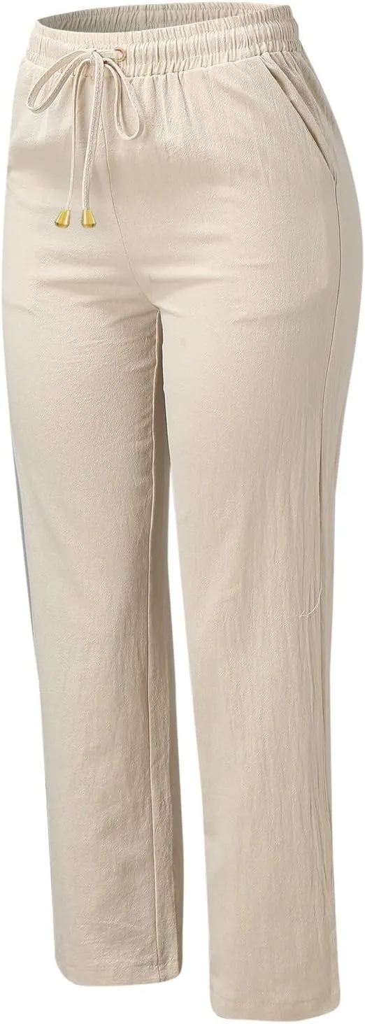 Womens Linen Pants 2025 Summer Casual Drawstring Elastic Waist Cotton Pants Petite Straight Leg Lounge Long Trousers