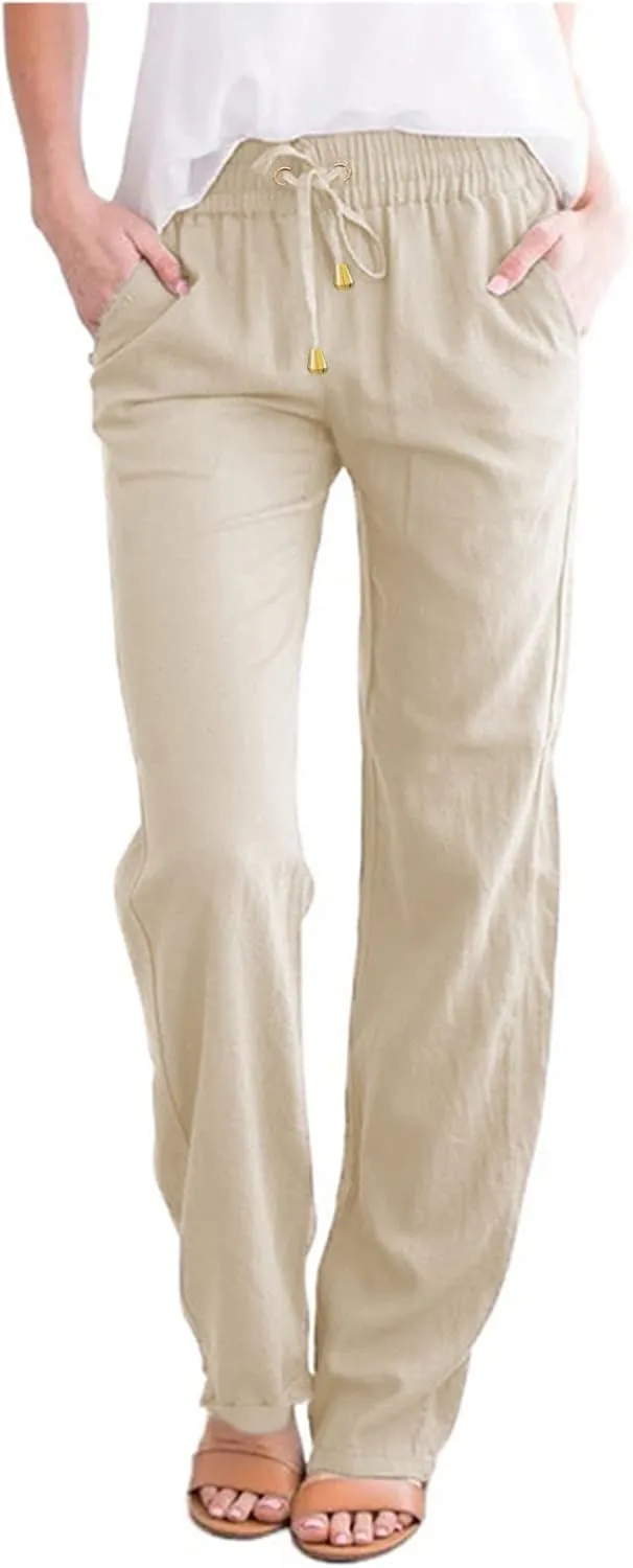 Womens Linen Pants 2025 Summer Casual Drawstring Elastic Waist Cotton Pants Petite Straight Leg Lounge Long Trousers