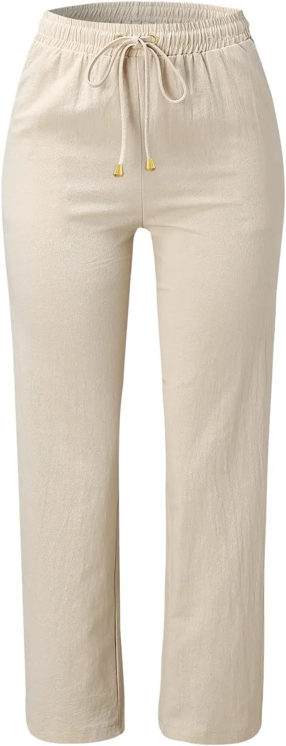 Womens Linen Pants 2025 Summer Casual Drawstring Elastic Waist Cotton Pants Petite Straight Leg Lounge Long Trousers