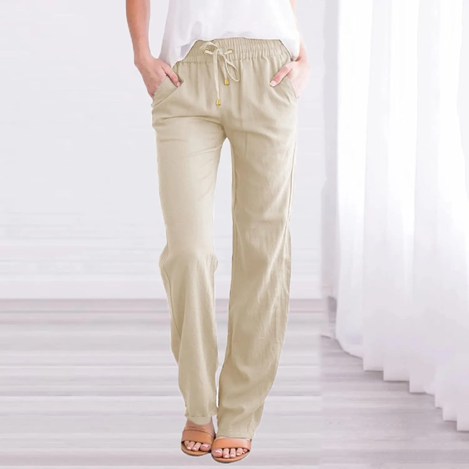 Womens Linen Pants 2025 Summer Casual Drawstring Elastic Waist Cotton Pants Petite Straight Leg Lounge Long Trousers