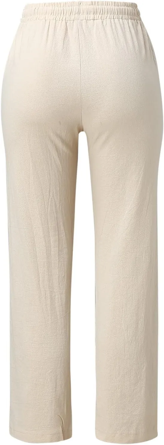 Womens Linen Pants 2025 Summer Casual Drawstring Elastic Waist Cotton Pants Petite Straight Leg Lounge Long Trousers