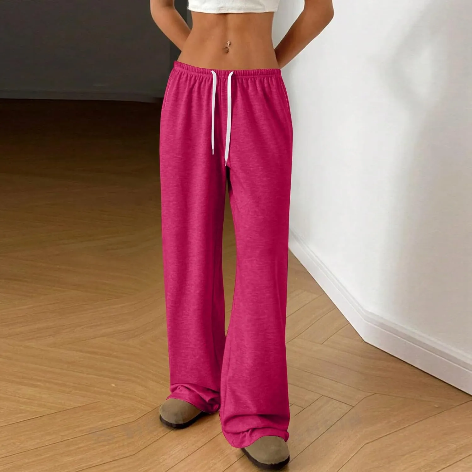 Womens Low Rise Baggy Sweatpants Elastic Drawstring Wide Leg Workout Pants Lightweight Yoga Track Pants with Pockets
