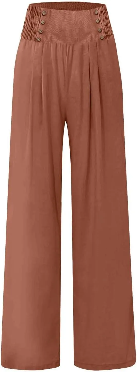 Womens Palazzo Pants Dressy Casual 2024 High Waisted Wide Leg Paperbag Lounge Pants Button Decor Flowy Beach Trousers