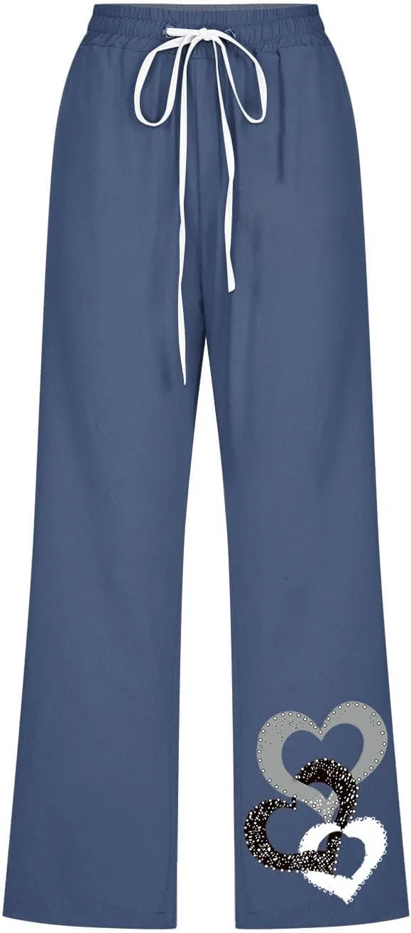 Womens Pants Drawstring Casual Lightweight Straight Leg Pants Loose Comfy Heart-Shaped Print Trousers with Pockets