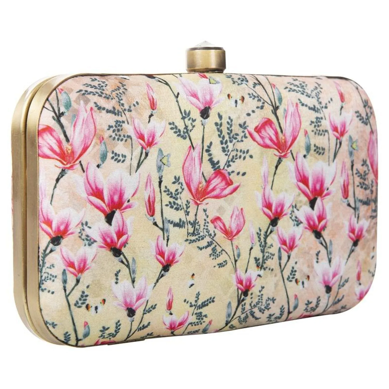 Women's Pink Floral Box Party Clutch Purse with Chain