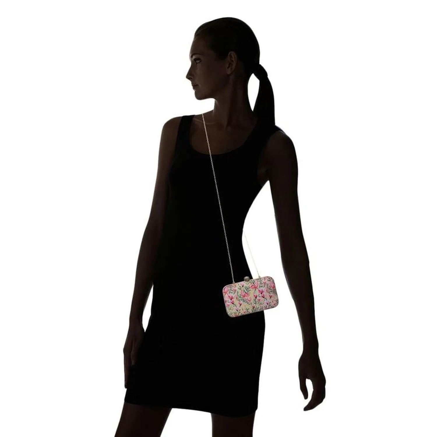 Women's Pink Floral Box Party Clutch Purse with Chain