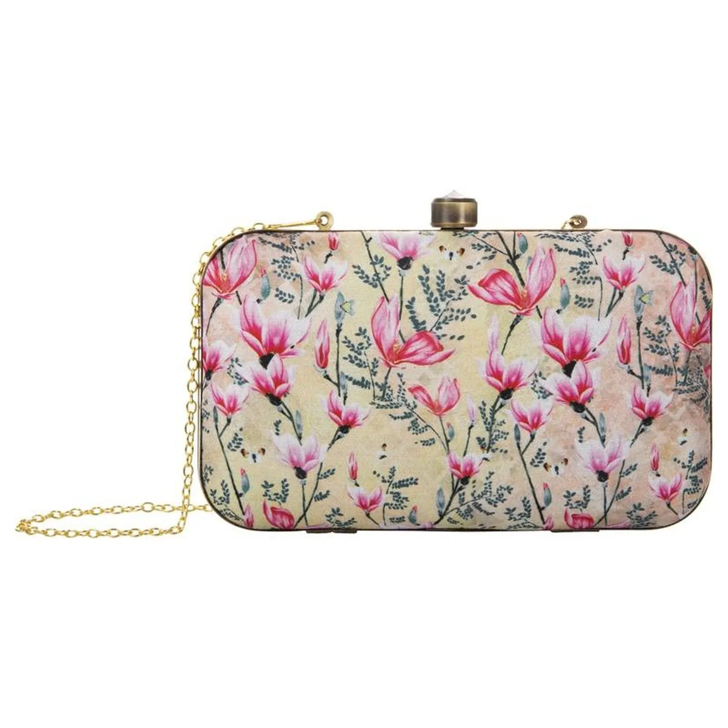 Women's Pink Floral Box Party Clutch Purse with Chain