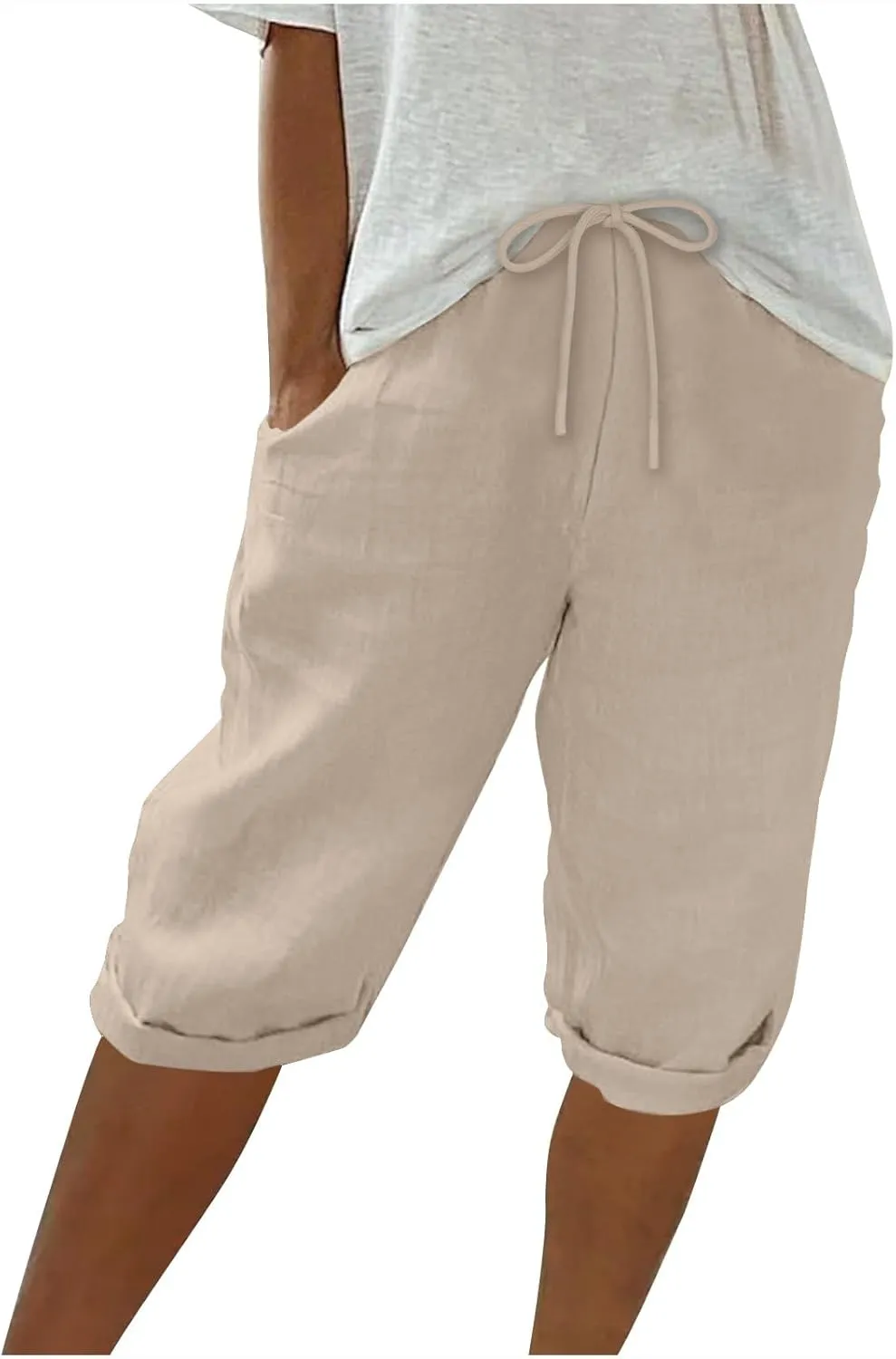 Womens Shorts 2025 Summer Linen Wide Leg Pants Drawstring High Waist Bermuda Pants with Pockets Casual Beach Shorts