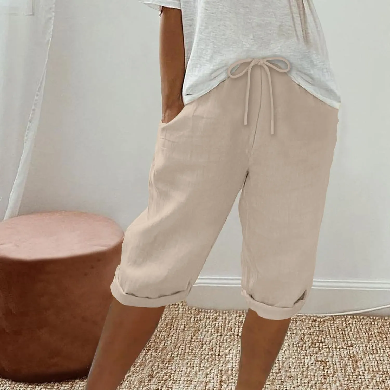 Womens Shorts 2025 Summer Linen Wide Leg Pants Drawstring High Waist Bermuda Pants with Pockets Casual Beach Shorts