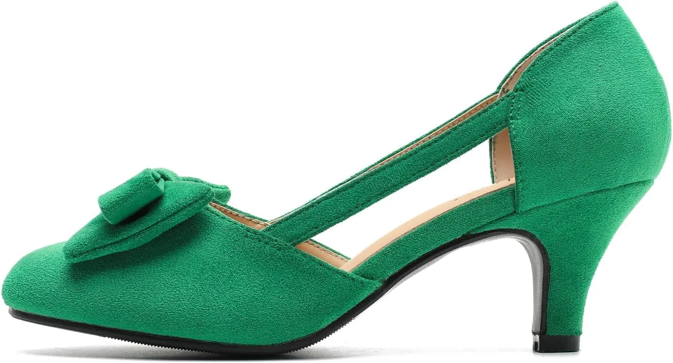Women's Slip On Bow Kitten Heels Cutout Vintage Retro Low Heel Dress Shoes Wedding Work Party Pumps