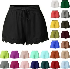 Womens Summer Shorts 2024 Plus Size Casual Lace Trim Elastic Waist Drawstring Lounge Shorts Beach Ruffle Flowy Shorts