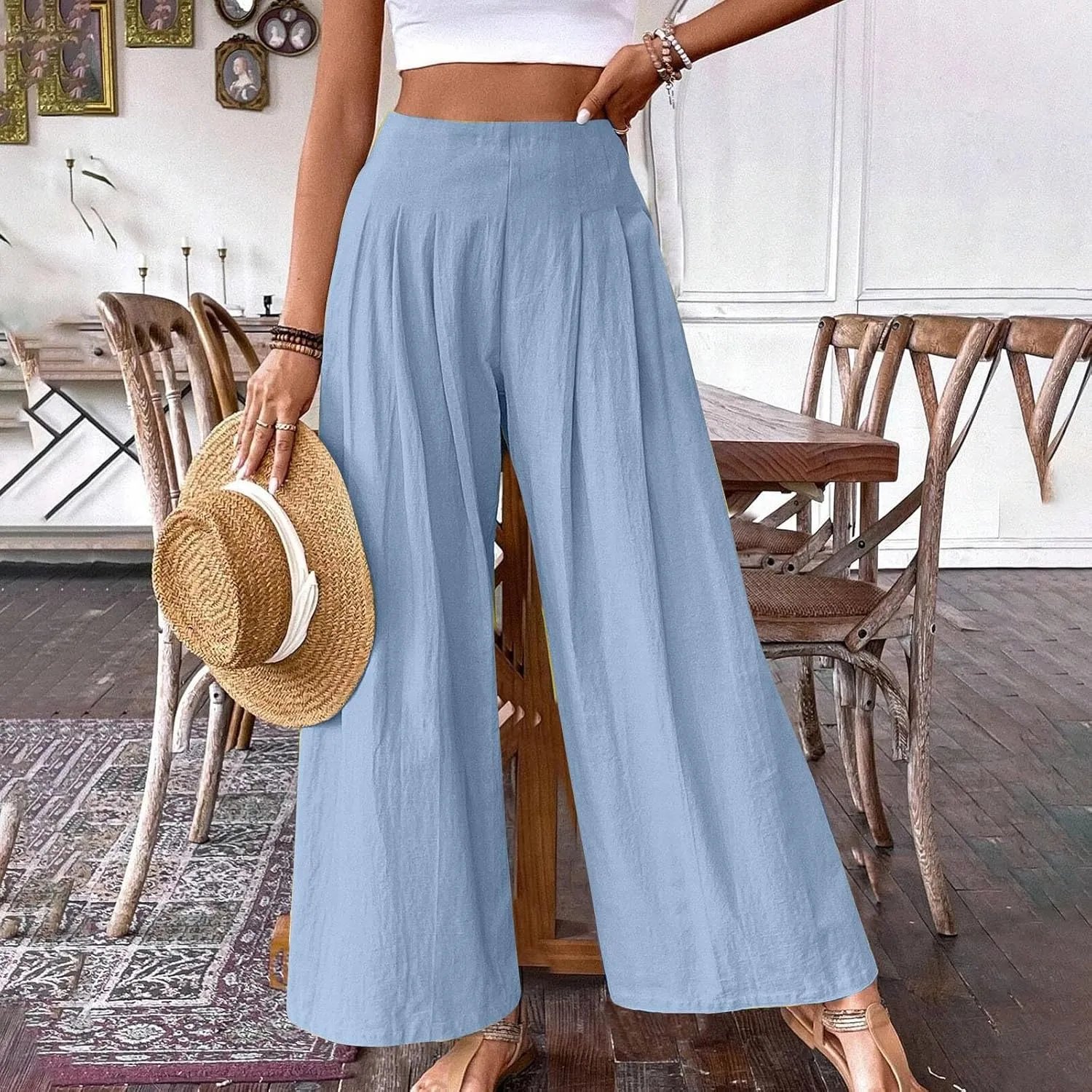 Women's Summer Wide Leg Palazzo Pants Fashion High Waistd Loose Elastic Waist Slacks Casual Going Out Flowy Trousers