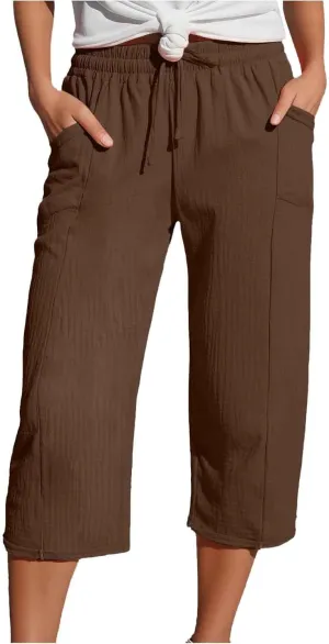 Womens Wide Leg Linen Capri Pants High Waist Drawstring Casual Beach Pants Summer Outfits 2025 Trendy Clothes