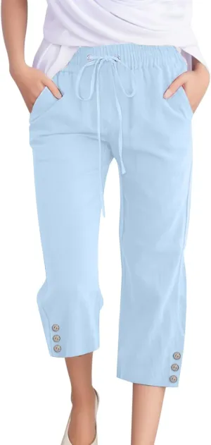 Womens Wide Leg Pants Cargo Capri Pants for Women Stretchy Button Business Dress Work Pocket Trousers Womens Baggy