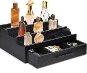 Wooden Cologne Organizer for Men, 4 Tier of Elevated Cologne Display Shelf with Drawer Storage Perfume Organization and Storage Display Risers,Great Gift for Man (Black)