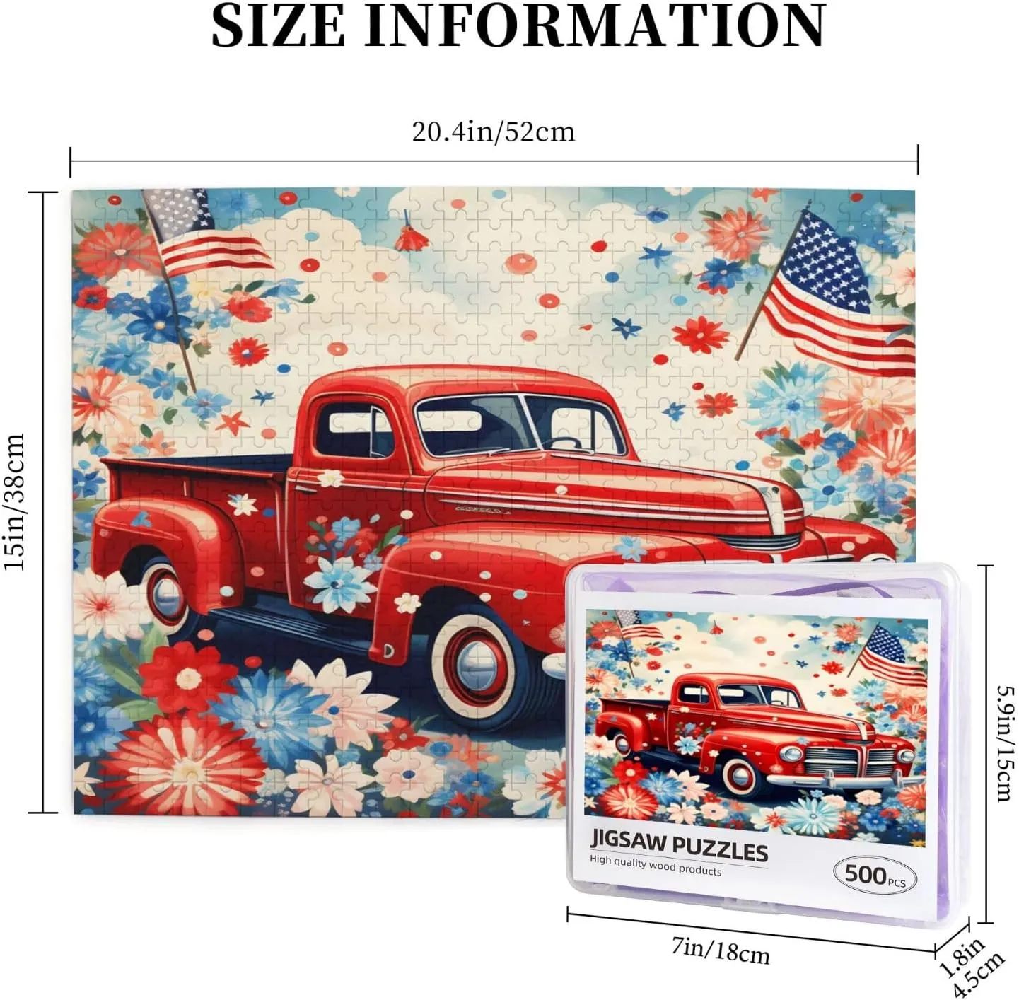 Wooden Jigsaw Puzzles 500 Pieces Patriot USA Flag Floral Car Puzzle Leisure for Adults Jigsaw Challenging Creative Educational Intellectual Decompressing Family Games Toy Gift