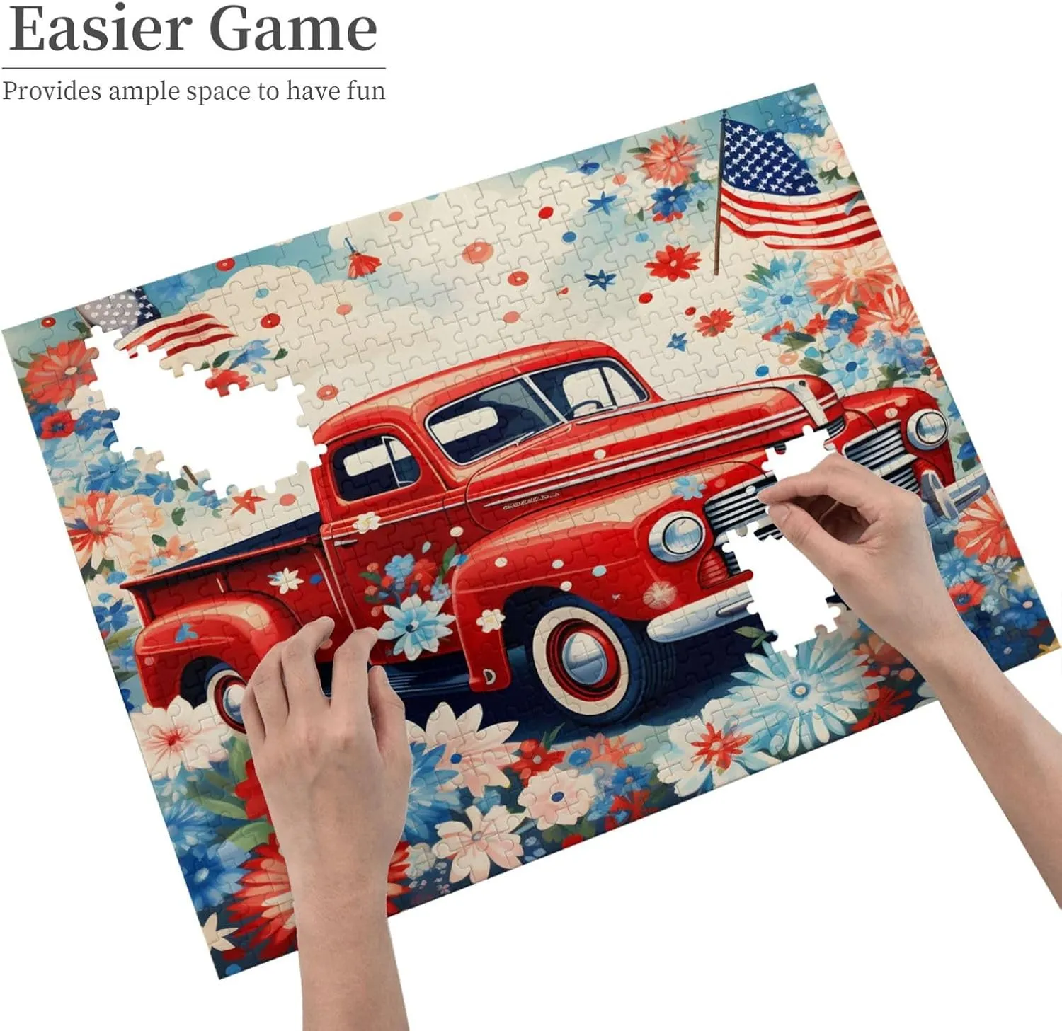 Wooden Jigsaw Puzzles 500 Pieces Patriot USA Flag Floral Car Puzzle Leisure for Adults Jigsaw Challenging Creative Educational Intellectual Decompressing Family Games Toy Gift