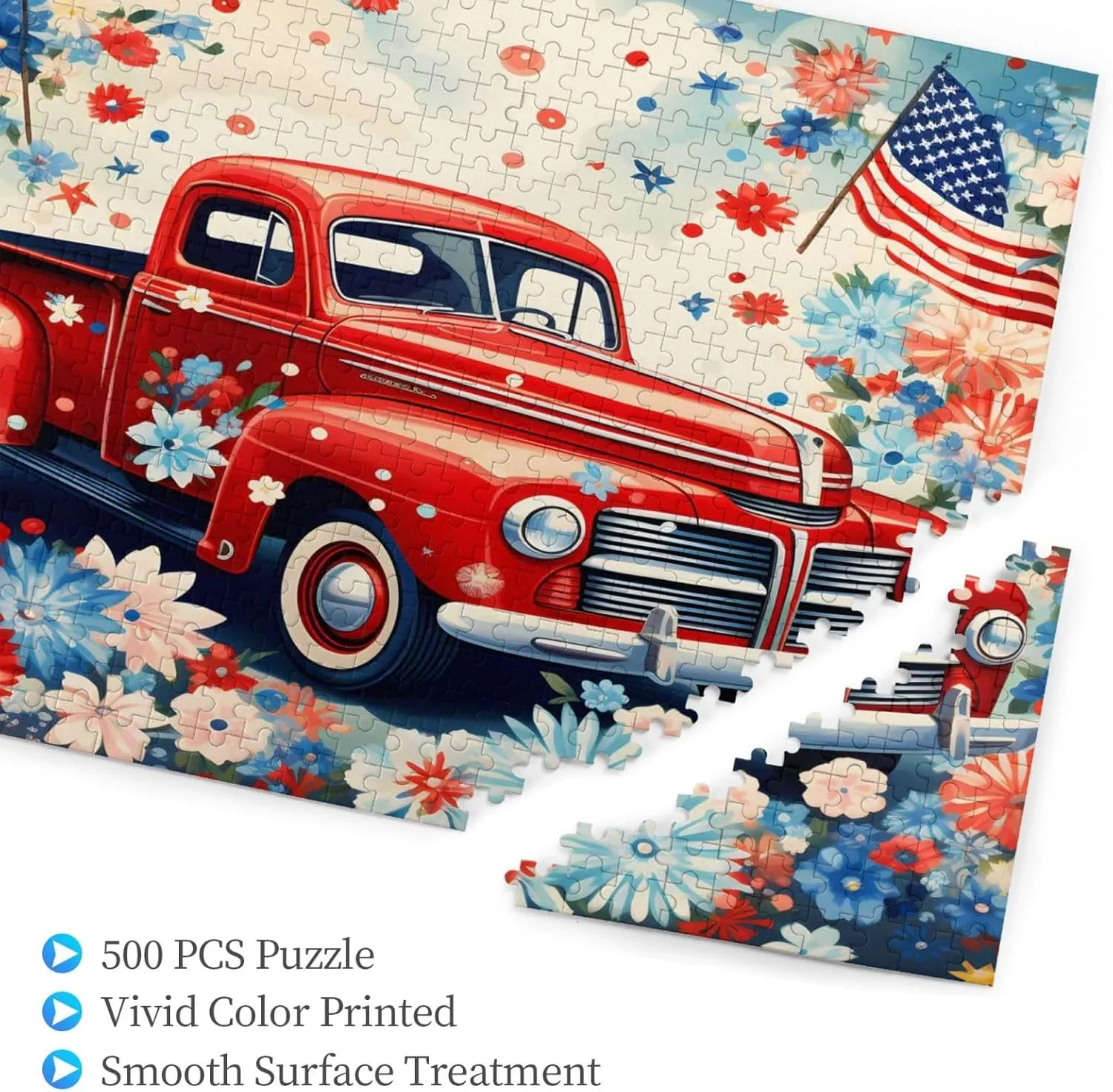 Wooden Jigsaw Puzzles 500 Pieces Patriot USA Flag Floral Car Puzzle Leisure for Adults Jigsaw Challenging Creative Educational Intellectual Decompressing Family Games Toy Gift